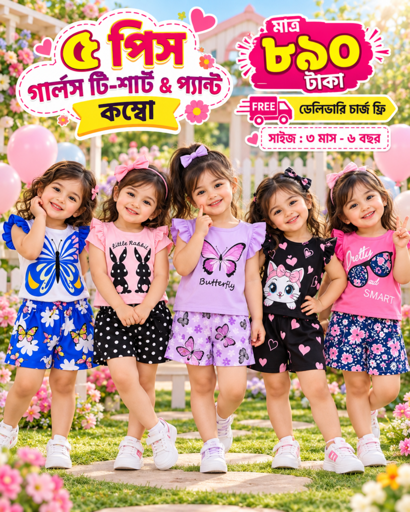 ৫ পিস গার্লস টি-শার্ট & প্যান্ট কম্বো