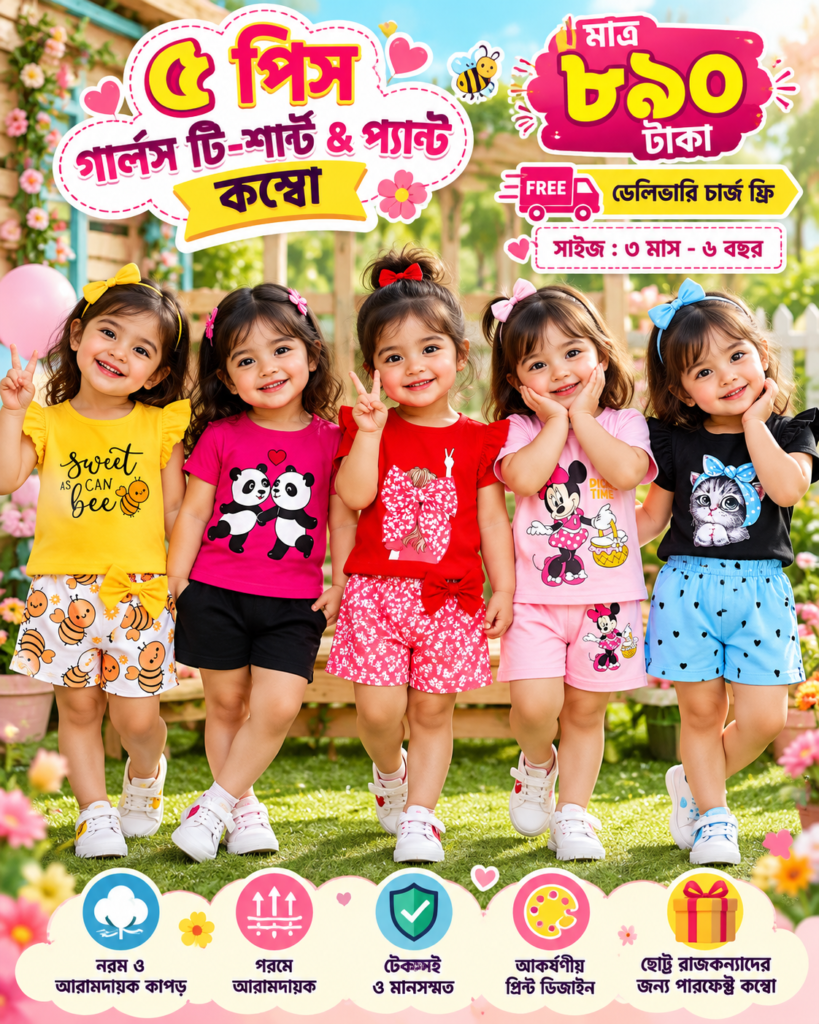 ৫ পিস গার্লস টি-শার্ট & প্যান্ট কম্বো